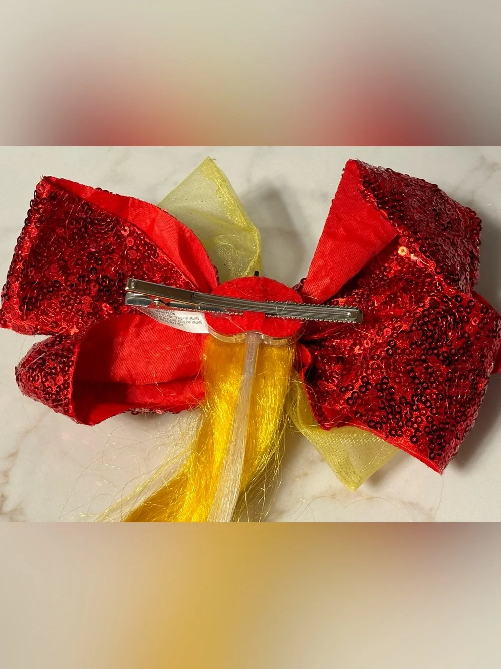 Disney Princess Belle Red Sequin Bow Hair Clip with Yellow Ponytail
